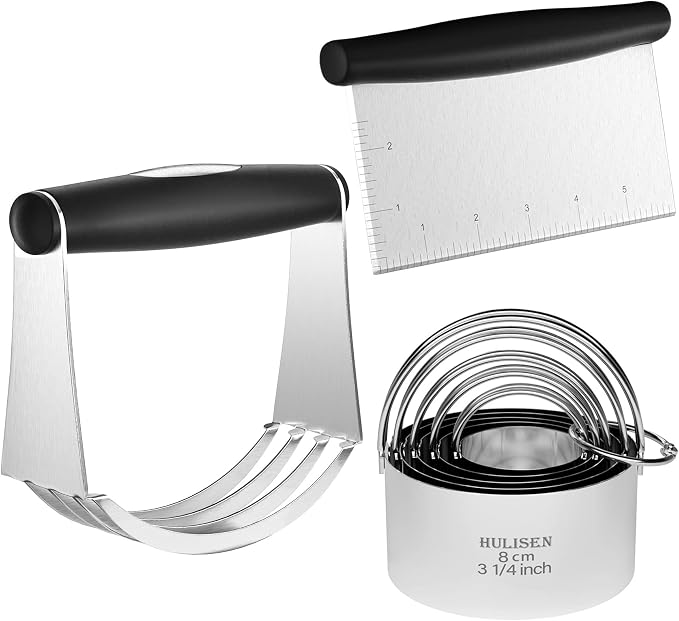 HULISEN 5-Pc Biscuit Cutter Set with Handle, Pastry Scraper, Dough Blender | Stainless Steel, Dishwasher Safe, Etched inch/cm Markings, Gift Package, Ergonomic Rubber Grip, Professional Baking Tools