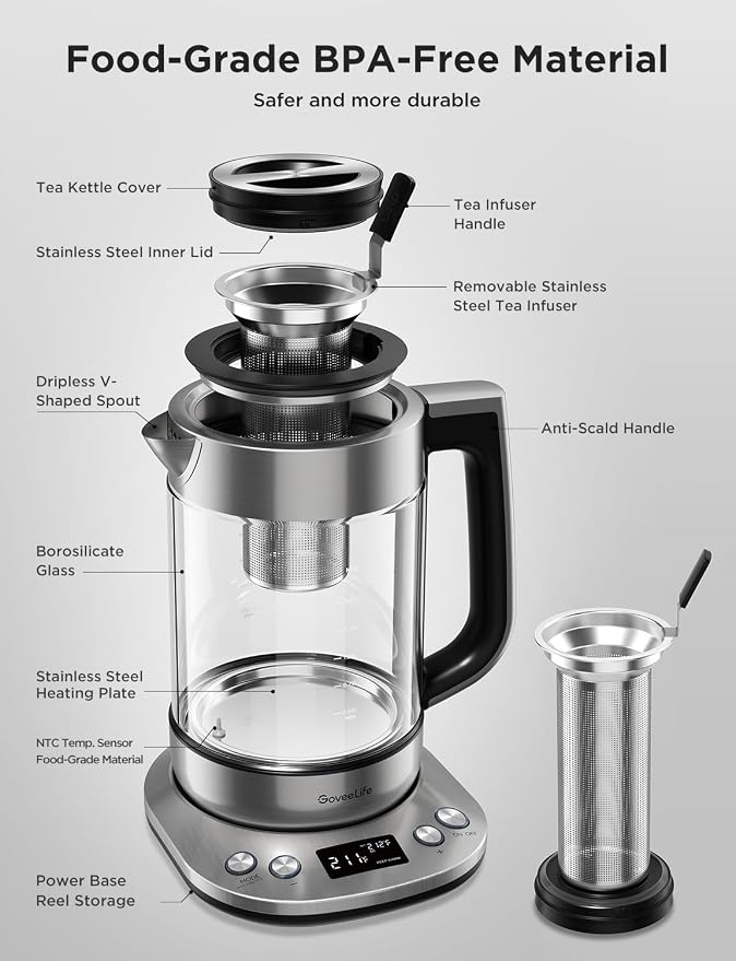 GoveeLife Smart Electric Kettle with Tea Infuser for Loose Leaf, 1.7 L Electric Tea Kettle with Brewing Program, Variable Temperature Control, 2 H Keep Warm & Auto Shut off, BPA Free, Sliver | Electric Tea Kettle with Brewing Program, Variable Temperat...