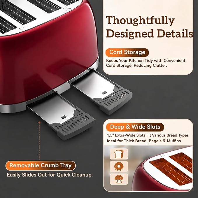 RONGBEST Retro 4 Slice Stainless Steel Toaster with Wide Slot Touch Screen for Family Breakfast, Reheat & Defrost, 6 Browning Levels for Bagel & Bread, Easy Removable Crumb Tray, Red Pearl