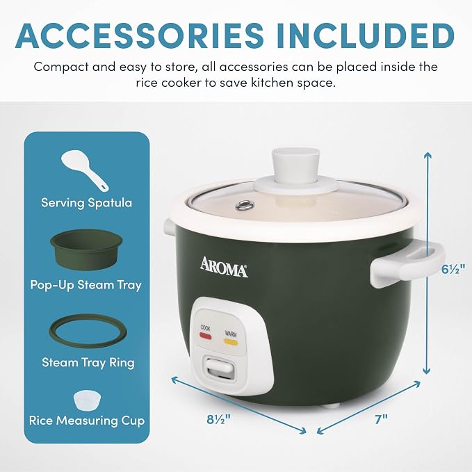 AROMA® CoreCoat Rice Cooker with Pop-Up Food Steaming Basket (4 Cups Cooked, 2 Cups Uncooked)