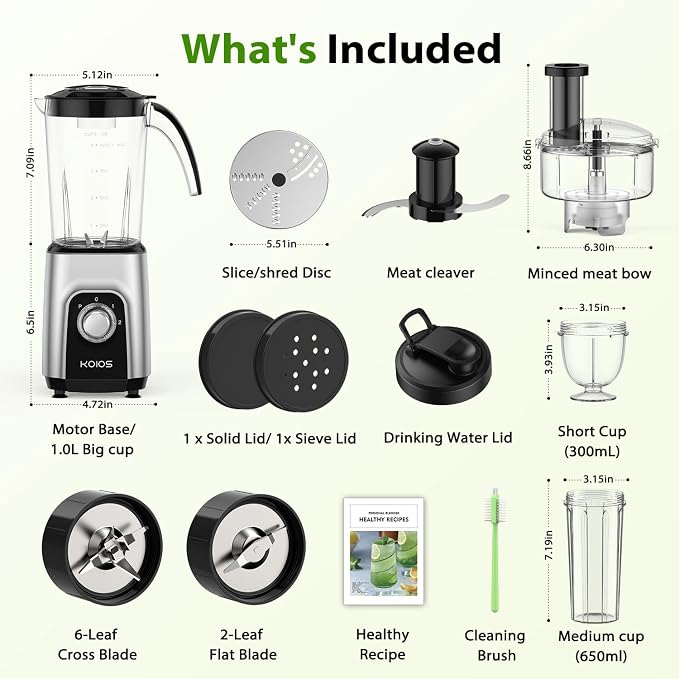 KOIOS Blender/Food Processor Combo Max 1000W, 4 in 1 34oz Pitcher, 22oz Blending Cup, Meat Grinder & Vegetable Chopper, Spice Grinder,BPA Free -All-in-One Kitchen System, Dishwasher Safe