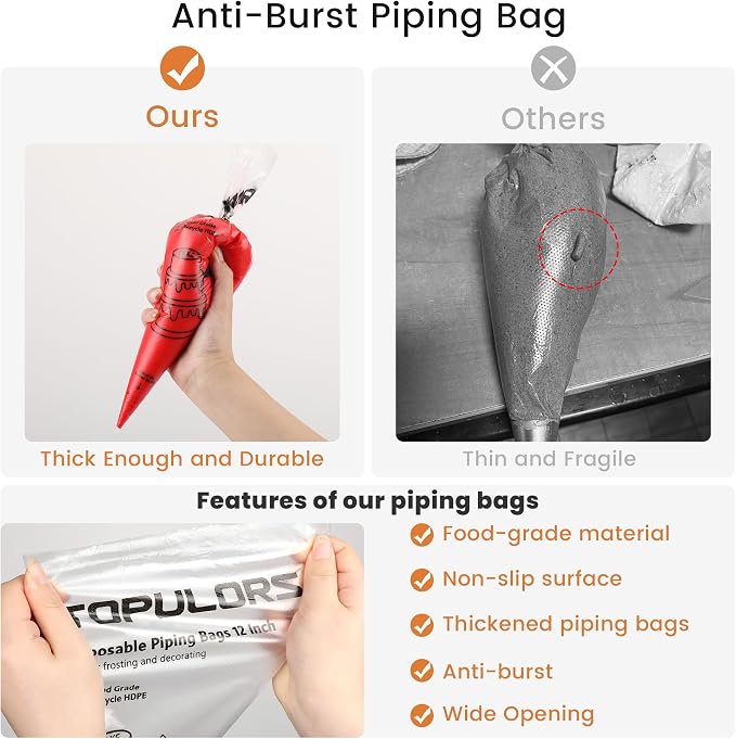 TOPULORS Disposable Piping Bags, 12"H 14" Full Size, 100PCS Pastry Bags | With Twist Ties, Extra Thick Tear Resistant Non-Slip Tipless Icing Bag, Easy Squeeze for Cake Cookie Frosting Decoration