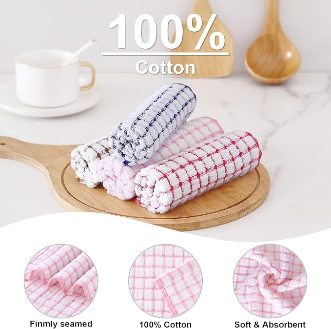 Kitinjoy Cotton 16 Pack Terry Kitchen Dish Cloths, Mix Colour | 12 x 12 Inches Super Soft and Absorbent Dish Rags, Quick Drying Dish towels for Washing Dishes