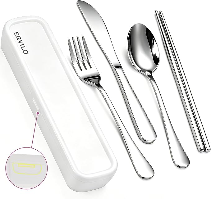 Travel Utensils with Case, Stainless Steel Portable Cutlery Set, Lunch Box Silverware for Work Camping Picnic, Reinforced Case with Snap-Lock Closure, Include Fork Spoon Knife Chopsticks, Silver