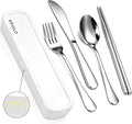 Travel Utensils with Case, Stainless Steel Portable Cutlery Set, Lunch Box Silverware for Work Camping Picnic, Reinforced Case with Snap-Lock Closure, Include Fork Spoon Knife Chopsticks, Silver