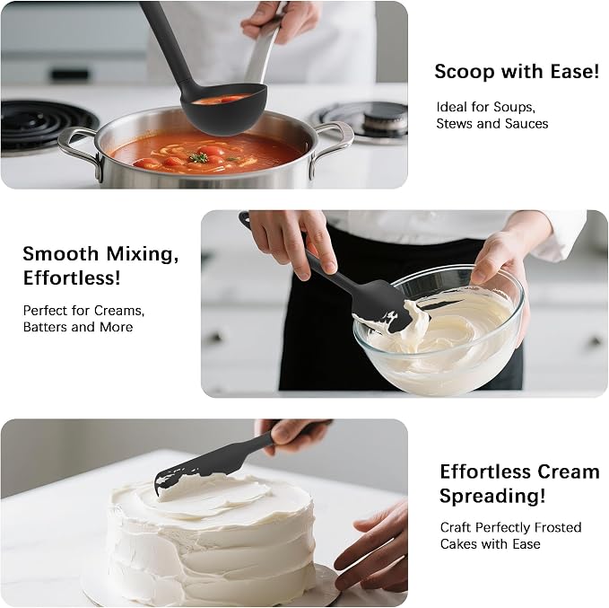 Coukre Silicone Kitchen Cooking Utensils Set, Heat Resistant, 14-Piece | Dishwasher-Safe, Food-Grade Silicone, BPA-Free, Spatulas, Spoons & Turner, Safe for Nonstick Cookware, Pure Black
