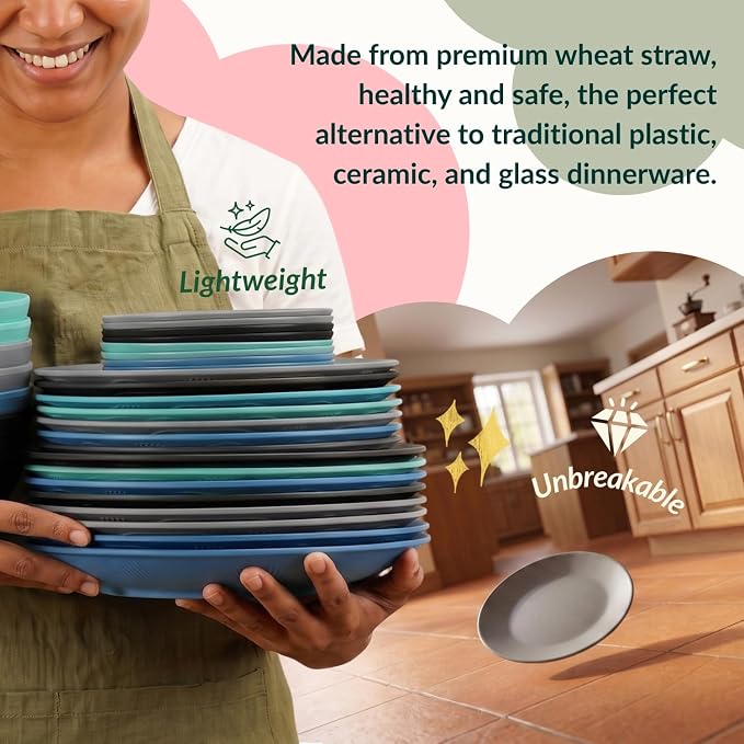 40 Piece Premium Wheat Straw Dinnerware Sets for 8 Unbreakable Plates and Bowls Sets Microwave and Dishwasher Safe Dinner Plates Set Camping, Apartment, Kids, Outdoor, RV, Party-Nightscape