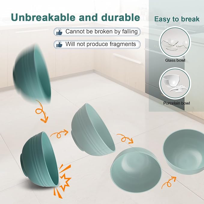 HEYCOME 12 Pcs Unbreakable Cereal Bowls Set, 26 Oz Wheat Straw Bowls Set, Microwave & Dishwasher Safe Bowls for Kitchen, Reusable Plastic Bowls for Soup, Salad and Snack, BPA Free, Multicolor