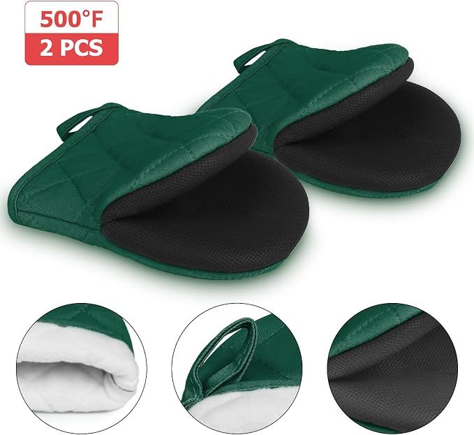 Goldmeet Mini Oven Mitts 2-Pack, 7"x5.5", 500°F Silicone Grip, Army Green | Non-Slip, Heat Resistant, Machine Washable, Hanging Loop, Fits Small Hands, for Baking Grilling BBQ Cooking