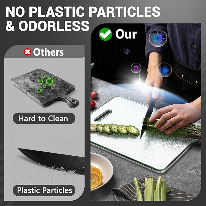 Tempered Glass Cutting Board for Kitchen Counter, 16"x12" Clear Chopping Board with Handle, Non-toxic, Plastic Free, Scratch Resistant, Heat Resistant, Dishwasher Safe, Easy to Clean