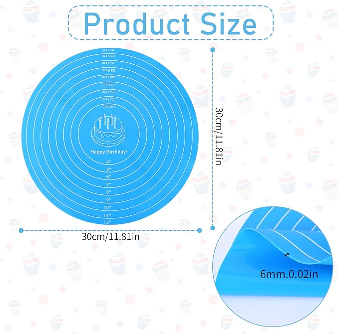 Silicone Baking Mat Cake Mat Round Silicone Baking Mat with Measurements for Cake Turntable Stand Pastry Baking Sheet, Non-Stick and Heat Resistant (Blue)