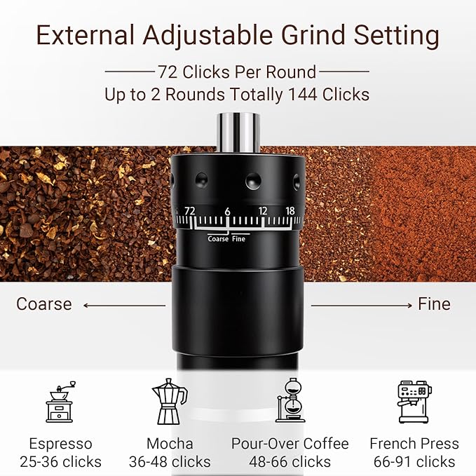 Manual Coffee Grinder Portable Hand Crank Coffee Mill for Home & Travel | Foldable Handle,Stainless Steel Conical Burr,for Espresso French Press Pour Over Drip, External Adjustable Setting,Black