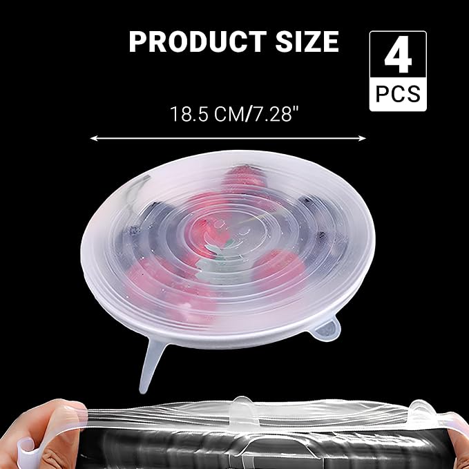 4 Pack 7.3in Reusable Silicone Stretch Lids, Silicone Bowl Covers for Food Storage, Universal Stretchable Lids for Containers Produce, Elastic Expandable Seal Cover, Microwave Freezer Safe