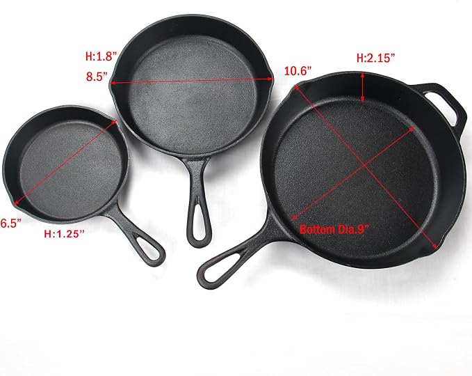 Cast Iron Skillet 3-Piece Set, Antirust Treated, Pre-Seasoned 6", 8", 10" Pans with Silicone Hot Handle Holder For Frying, Saute, Cooking, Oven, Grill