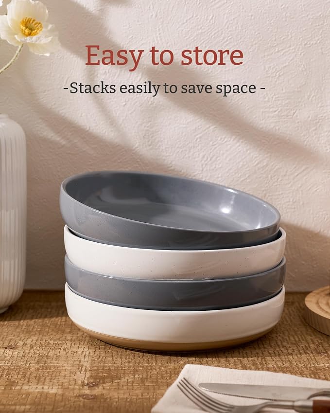 famiware Milkyway 33 oz Pasta Bowls Set of 4, White & Dark Gray | Scratch-Resistant Stoneware Salad Bowls, Stackable, Dishwasher & Microwave Safe, Lead-Fre