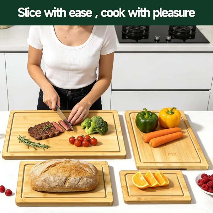 4-Piece Set Deep-Carbonized Bamboo Cutting Board for Kitchen, Natural | Crack-Resistant Wood Chopping Boards with Deep Juice Grooves, Pre-Oiled Butcher Block for Meat, Vegetables & Cheese