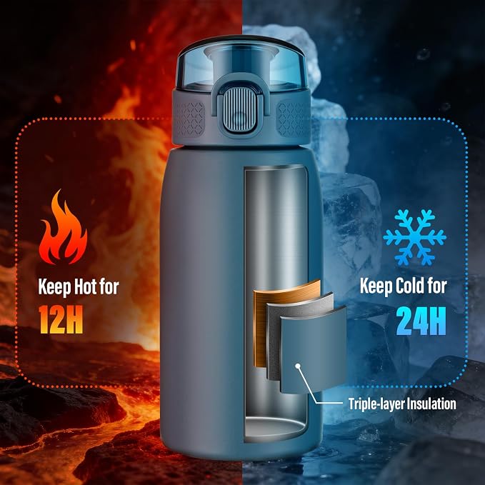 Insulated Water Bottle 12 oz with Dustproof Lid, Carry Handle & Tea Infuser, BPA-Free & Leakproof, Stainless Steel Water Bottles Ideal for Fitness, Hiking, Office & Outdoor Use （Navy Blue ）