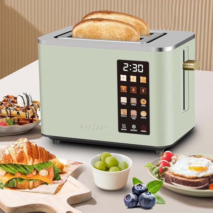 SEEDEEM Touchscreen Toaster 2 Slice, Stainless Steel, 6 Shade, 900W, Green
