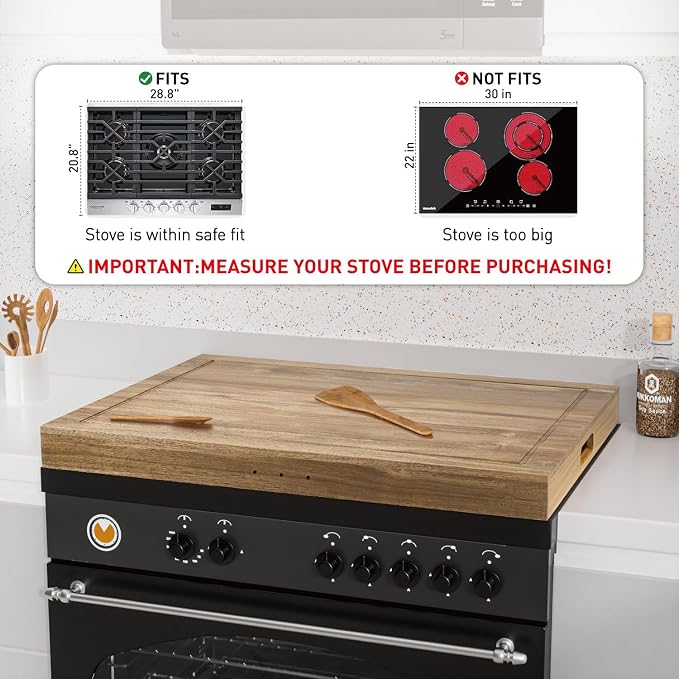 Buruis Acacia Wood Stove Cover for 28.82 x 20.83 Inch Gas & Electric Stoves | Noodle Board Design with Juice Groove, Extra Counter Space, Built-In Handles, Multi-Purpose Kitchen Serving Board