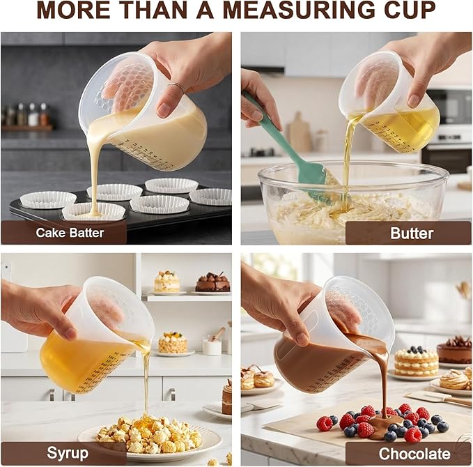 Palksky Silicone Measuring Cups Set 1-Cup & 1-Cup & 2-Cup with 3PCS Jar Spatula, Microwave Safe, Honeycomb Heat-Control Grip, Easy-Read Liquid Measuring for Baking, Cooking & Chocolate Melting
