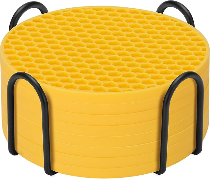 TWTLi Silicone Coasters Set of 8 with Holder — Non-Slip Drink Coasters for Coffee Table, Home Bar & Kitchen, Protects Wood & Marble Surfaces from Water Rings, Dishwasher Safe (Yellow)