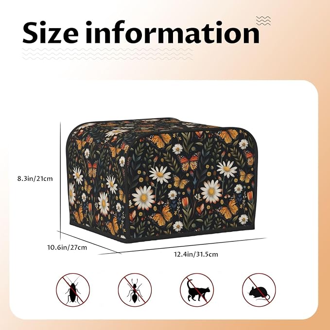 4 Slice Toaster Cover Vintage Butterfly Daisy Leaf Dust Proof Washable Kitchen Appliance Cover with Pocket, Oxford Fabric Countertop Toaster Protector for Standard Toasters Small Appliances