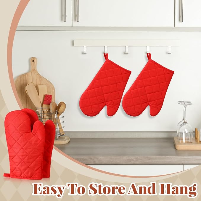 Geyoga 12 Pairs Oven Mitts Heat Resistant Kitchen Long Oven Gloves Mitts Thick Cotton Winter Quilted Baking Flexible Glove Bulk for Cooking BBQ Picnic Kitchen Grilling 10.6 Inch(Red)