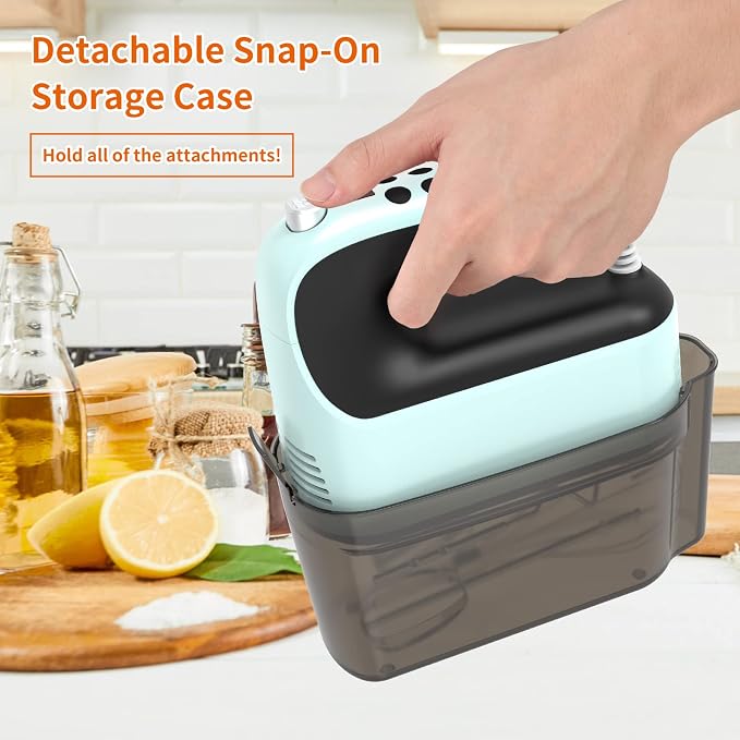 Yomelo 9-Speed Digital Hand Mixer Electric, 400W Powerful DC Motor, Hand Mixer Electric Handheld with Snap-On Storage Case, 5 Stainless Steel Accessories, Beaters, Dough Hooks, Whisk(Ice Blue/Black)