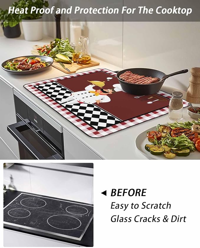 Stove Top Covers for Electric Stove 24x21 Inches, Fat Chef HeatResistant Glass Cooktop Protector, Red Gourmet Kitchen Red Black Buffalo Plaid Ceramic Stovetop Countertop Covers Mat, Oven Cover