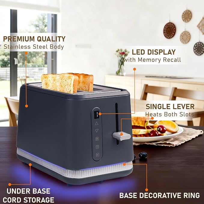 Stainless Steel Toaster 2 Slices, Toasters Wide Slot, Bread Toaster with Cancel, Reheat, Defrost Function, Bagel Toasters with Removable Tray & 6 Temperature Settings, LED Display, Grey