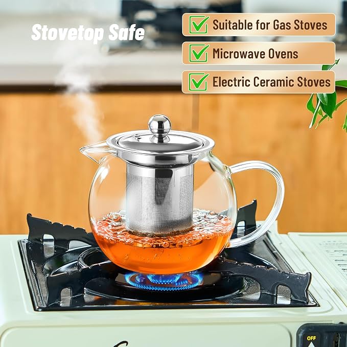 Baalaka Glass Teapot with Infuser, Clear Tea Pot for Stove, 22 oz/650 ml | Tea kettle, tea maker and brewer with removable 18/8 stainless steel infuser for loose leaf or blooming tea, camping, travel