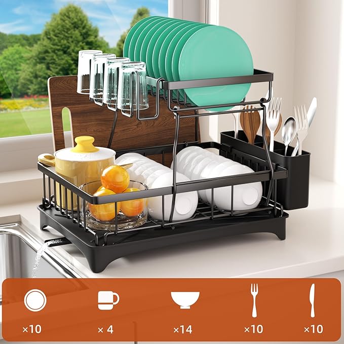 2-Tier Dish Drying Rack - Dish Rack with Auto Drain-to-Sink & Mat | Dish Racks for Kitchen Counter, Dish Drainer with Knife Fork & Cup Rack, Gifts for Women, Mothers Day, Kitchen Gadgets, Black