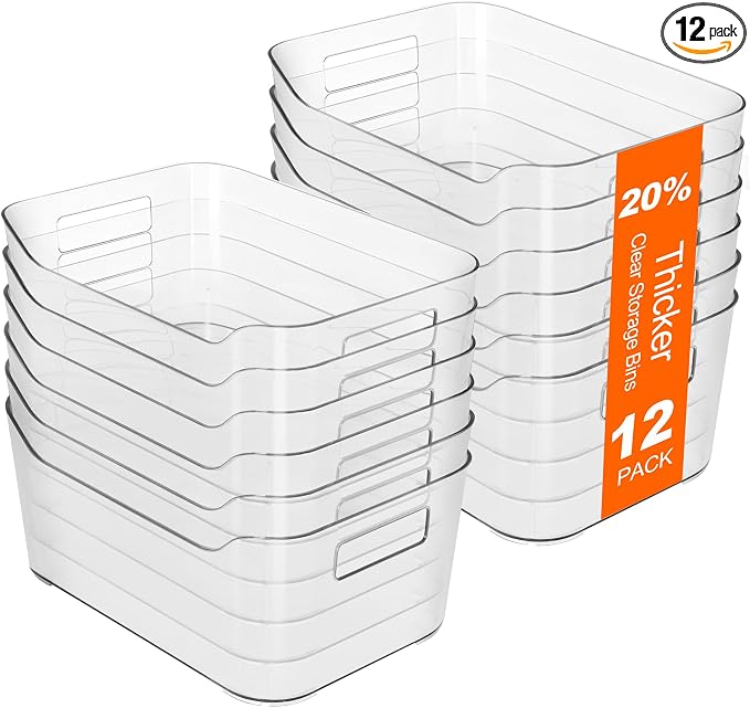 Hudgan 12 Pack Pantry Storage Bins for Kitchen Cabinet, Clear Plastic Organizer Bins for Bathroom, Pantry Organizer Containers for Home Edit, Drawer, Under Sink, Fridge