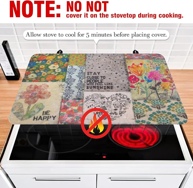 Boho Glass Stove Top Cover for Electric Stoves,Flower Floral Farmhouse Stove Top Cover for Kitchen Decor,Heat Resistant Cooktop Protector Mat,Non-Slip Washable Dish Drying Mat 28"x20"