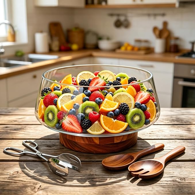 Large Glass Salad Bowl Set with Acacia Wood Base | Salad Bowl Wood Serving Utensils Included for Family Dinners, Parties, Gatherings, Multipurpose Oversize Glass Bowl for Salad