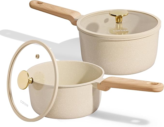 CAROTE Ceramic Nonstick 1.5Qt & 2.5Qt Sauce Pan Sets with Lid | Kitchen Non Toxic Cookware Set with Stay-cool Handle, All Stovetops Compatible, PFOA Free