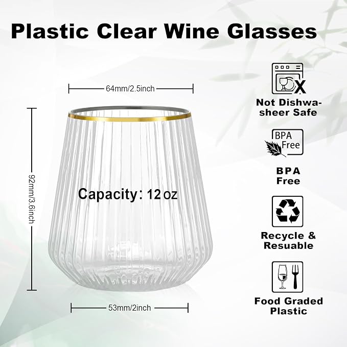 BESTSTAR 72 Pcs 12 oz Plastic Clear Gold Rim Ribbed Wine Glasses | Origami Ripple Disposable Champagne Glasses Elegant Whiskey Glasses Ideal for Weddings, Bars,Christmas, Pool Party, Daily Use