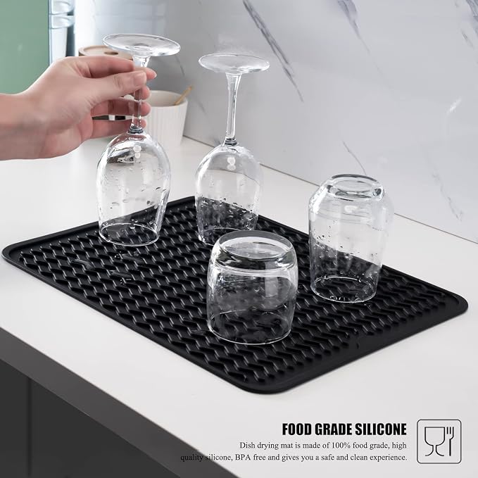 Silicone Dish Drying Mat, Non-Slip Easy Clean Sink Mat Large Heat-resistant Dish Drainer Mat for Kitchen Counter, Sink, Refrigerator or Drawer liner (12" x 12", BLACK)