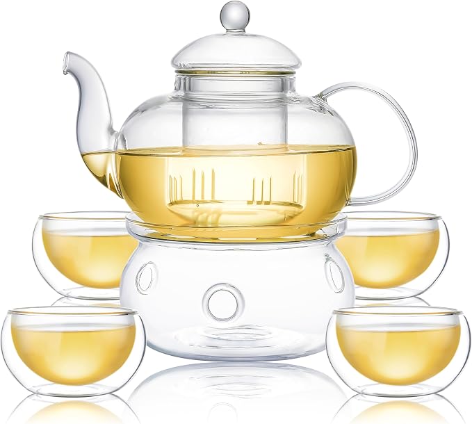 CnGlass 33.8oz Glass Teapot with Removable Infuser,Stovetop Safe Tea Kettle with 4-Pack Glass Teacups 3.4oz and Tea Warmer 5.3 in/13.5cm Diameter