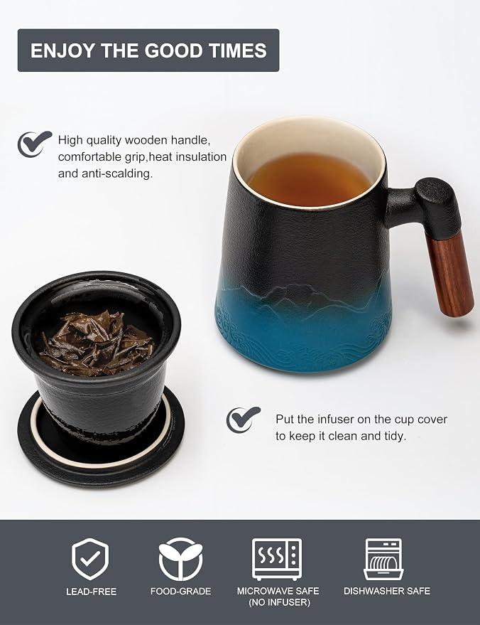 suyika Tea Cup with Infuser and Lid, Gradient Black & Blue, 15.2oz /450ml | Ceramic Mug, Wood Handle, For Loose Leaf Tea