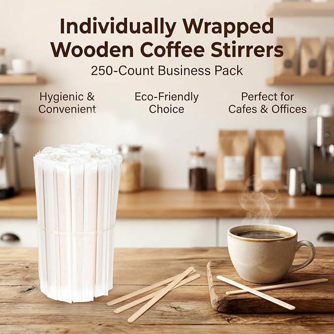 MAQIHAN 250PCS Wooden Coffee Stirrers - Individually Wrapped Stir Sticks | 5.5 Inch Disposable Wooden Stir Sticks For Hot And Cold Drinks, Coffee Accessories For Home Office And Cafe Use