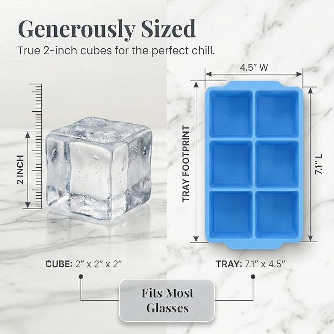 KitchFort® Large Silicone Ice Cube Tray (2-Pack) - 2" Big Ice Mold with Lid | Easy Release, Cocktail, Whiskey Ice Cubes Mold - Food Grade - Ice Cube Trays for Freezer - Stackable Silicone Ice Tray