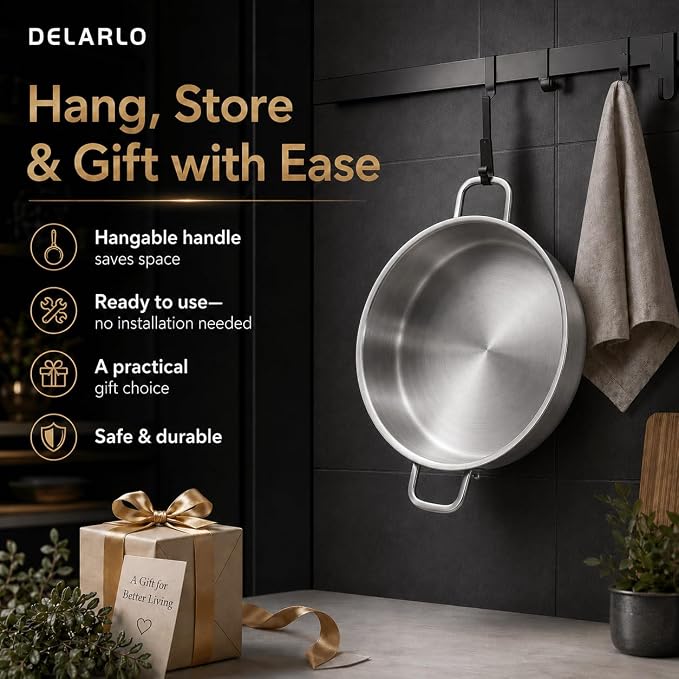 DELARLO Tri-Ply Stainless Steel 10 Inch Frying Pan 3QT Saute Pan With Lid Kitchen Skillets Induction Compatible Chef Cooking Pan Dishwasher & Oven Safe