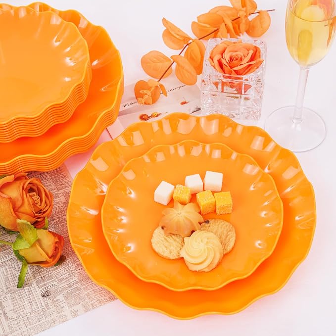 LIYH 24Pcs Orange Plastic Plates Reusable, Dinner And Salad Set For Parties | Heavy Duty Scalloped Unbreakable Tableware, Reusable Or Disposable Style For Fall Picnics, Thanksgiving, Holiday Banquets
