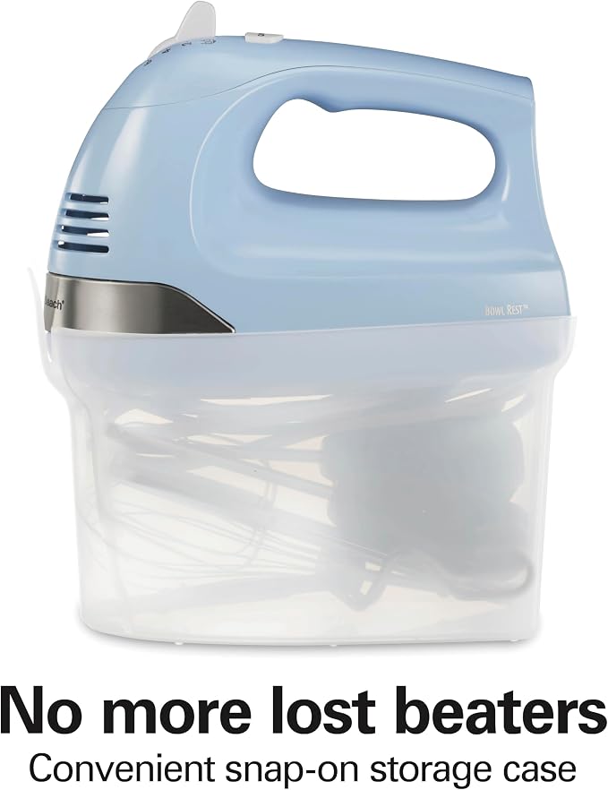 Hamilton Beach 6-Speed Electric Hand Mixer With Easy Clean Beaters | Traditional Beaters | Dough Hooks | Whisk | Snap-On Storage Case | 275 Watt Motor | Blue | 62677J