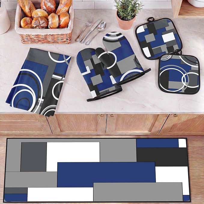 10 Pcs Kitchen Decor and Accessories Set, Navy Housewarming | Blue 4 Dish Towels Kitchen Rugs 2 Oven Mitts 2 Pot Holders, Home Decor for Cooking Baking BBQ Gifts Women Mom Housewarming