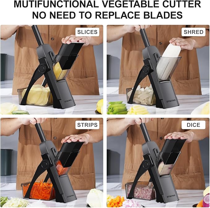 5 in 1 Adjustable Safe Mandoline Slicer for Kitchen with Paring Knife | Safe Mandoline Slicer for Kitchen, Easy to Clean/Storage, Potato Slicing, Strips, Shredding, Dicing, Chop, Cleaning brush