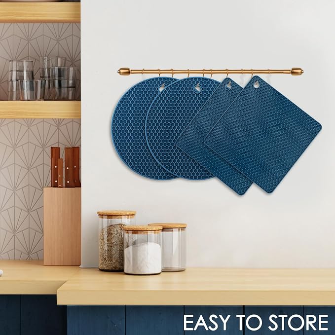 Silicone Trivets for Hot Dishes, 4 PCS Multipurpose Heat Resistant Mat Thick Silicone Hot Pads Pot Holders for Kitchen Counter, Flexible Jar Opener Food Grade Spoon Holder, Indigo Coasters