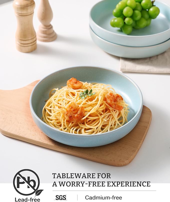 famiware Milkyway 33 oz Pasta Bowls Set of 8, Light Blue | Double Reactive Glaze, Scratch-Resistant Stoneware Salad Bowls, Stackable, Dishwasher & Microwave Safe, Lead-Free