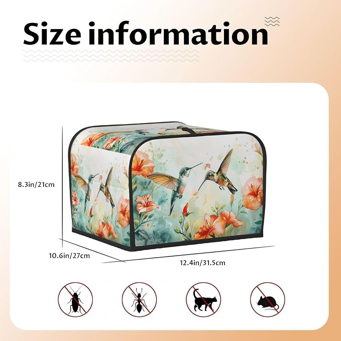4 Slice Toaster Cover Hummingbird Flower Watercolor Dust Proof Washable Kitchen Appliance Cover with Pocket, Oxford Fabric Countertop Toaster Protector for Standard Toasters Small Appliances